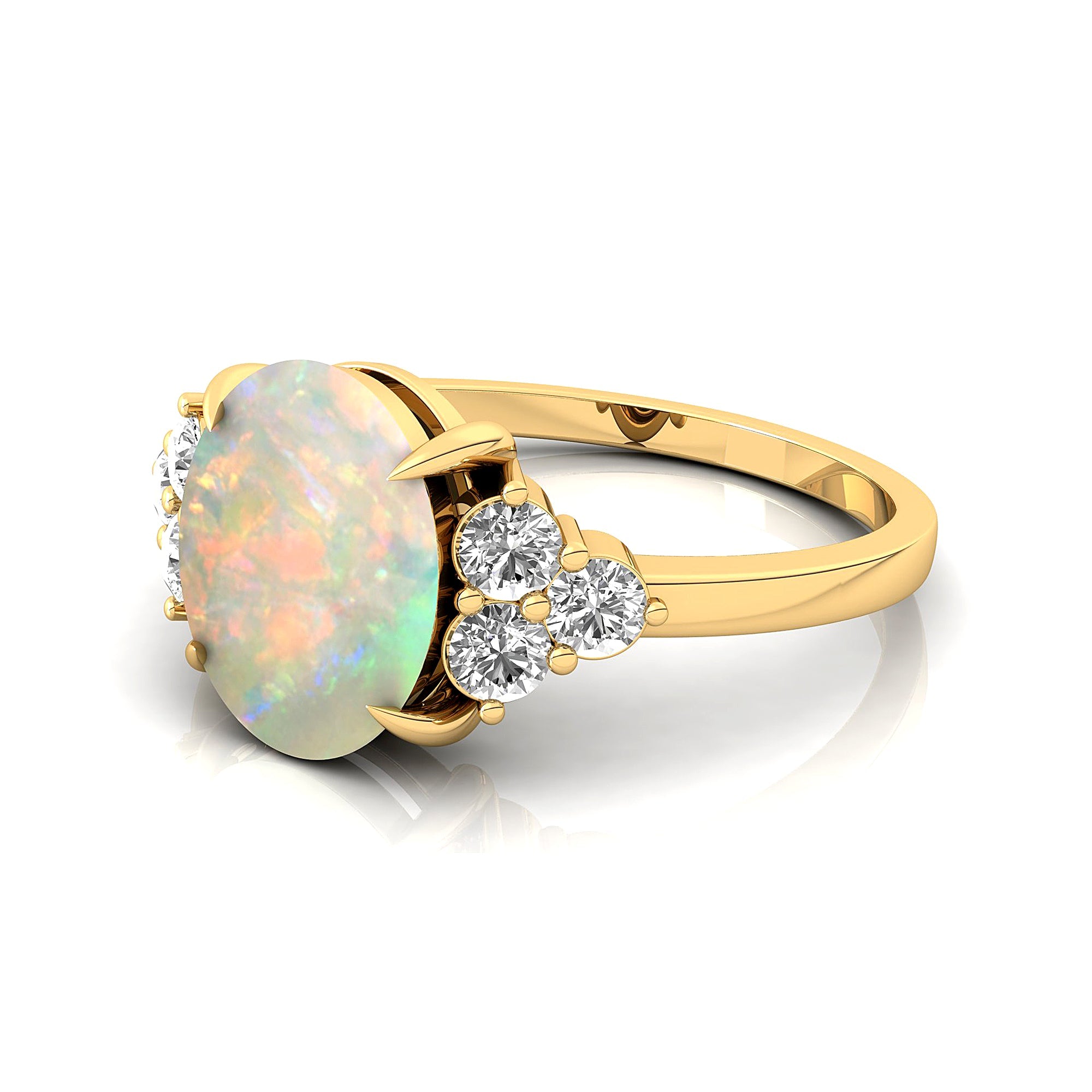 Trio Diamond Engagement Ring with Oval Cut Opal - GeumJewels