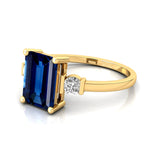 Emerald Cut Blue Sapphire and Diamond Three Stone Ring - GeumJewels