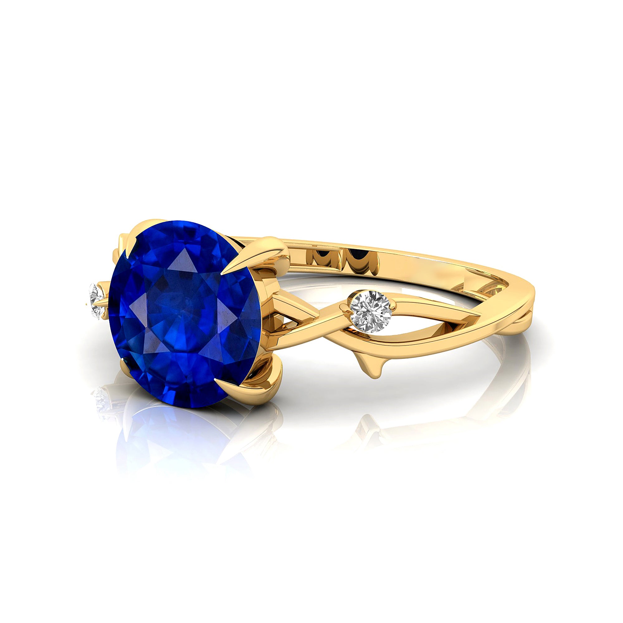 Criss Cross Nature Inspired Diamond Ring with Round Blue Sapphire - GeumJewels