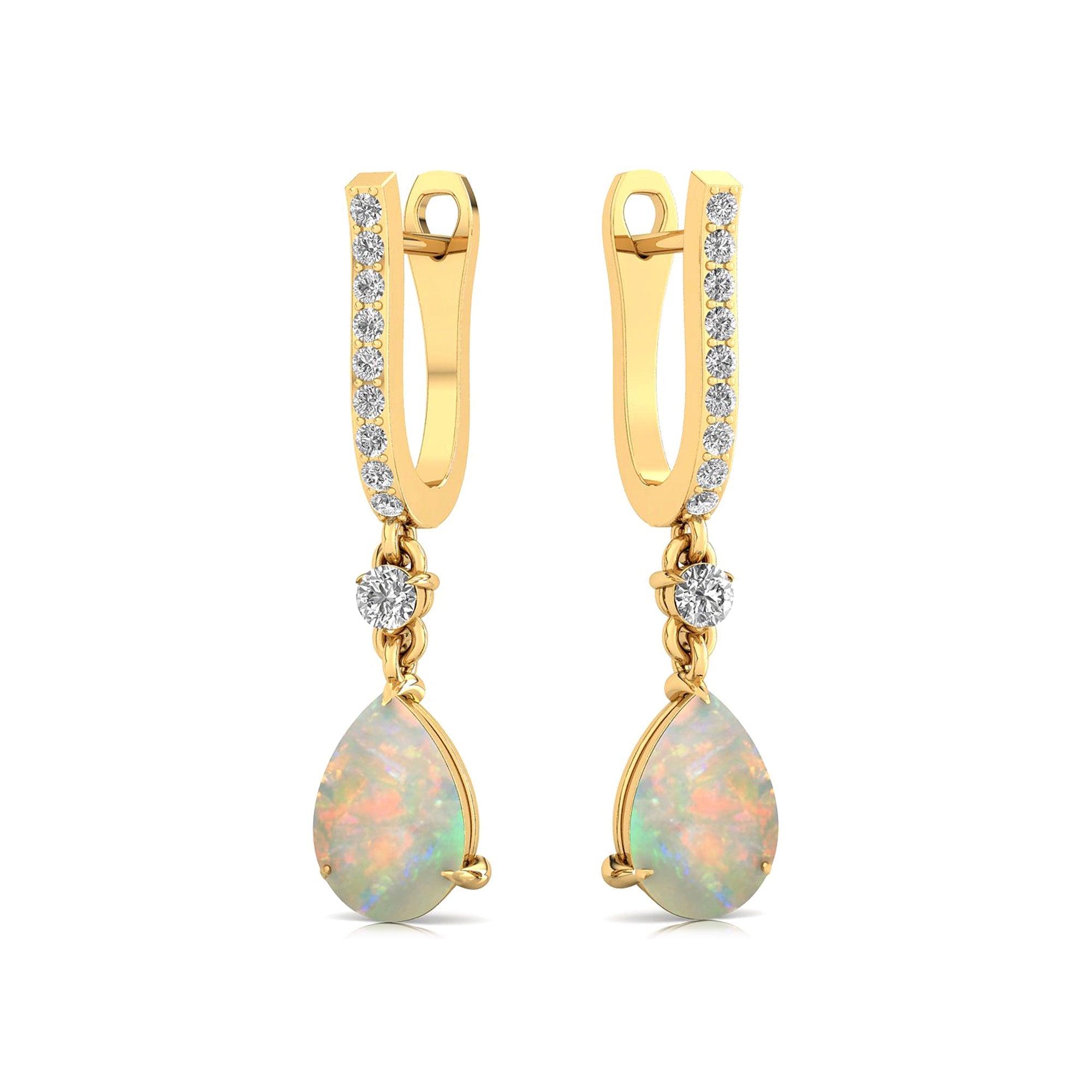 Lever Back Diamond Drop Earrings with Pear Cut Opal - GeumJewels
