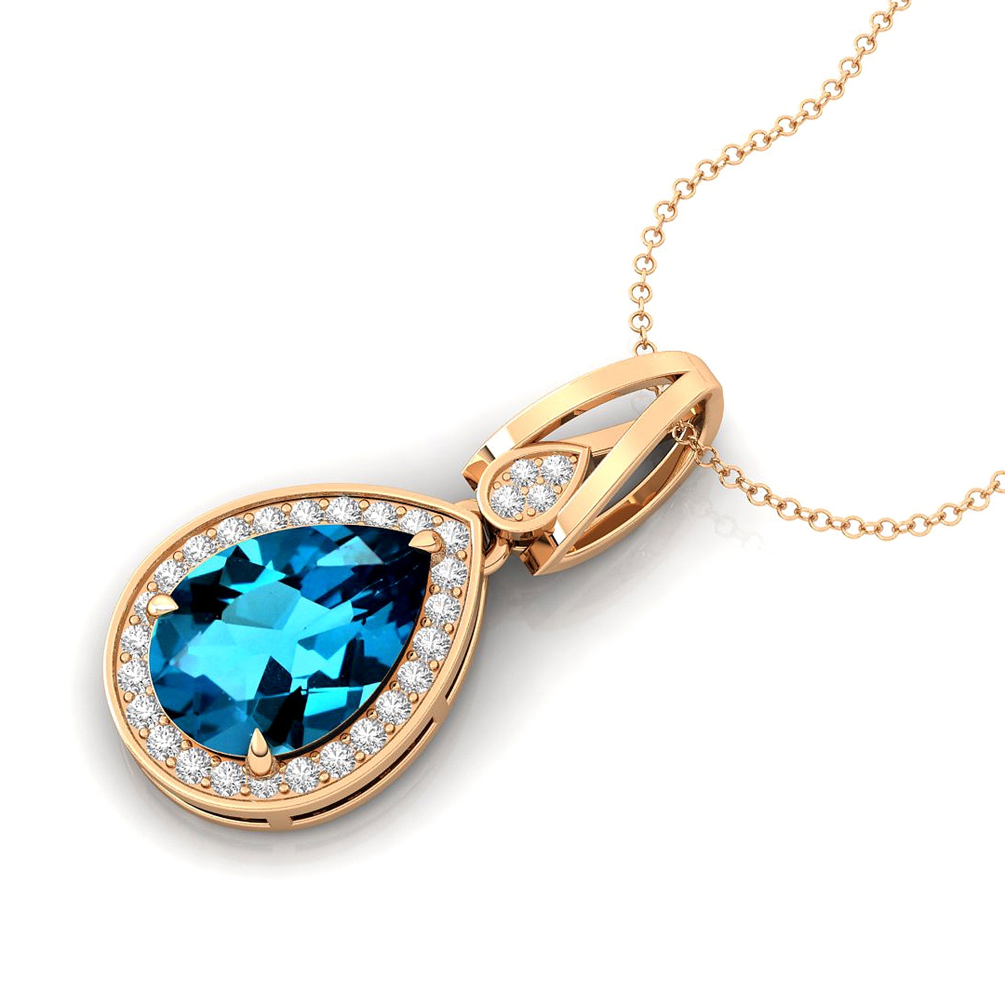 Classic Teardrop Shaped London Blue Topaz Halo Diamond Dangle Pendant - GeumJewels