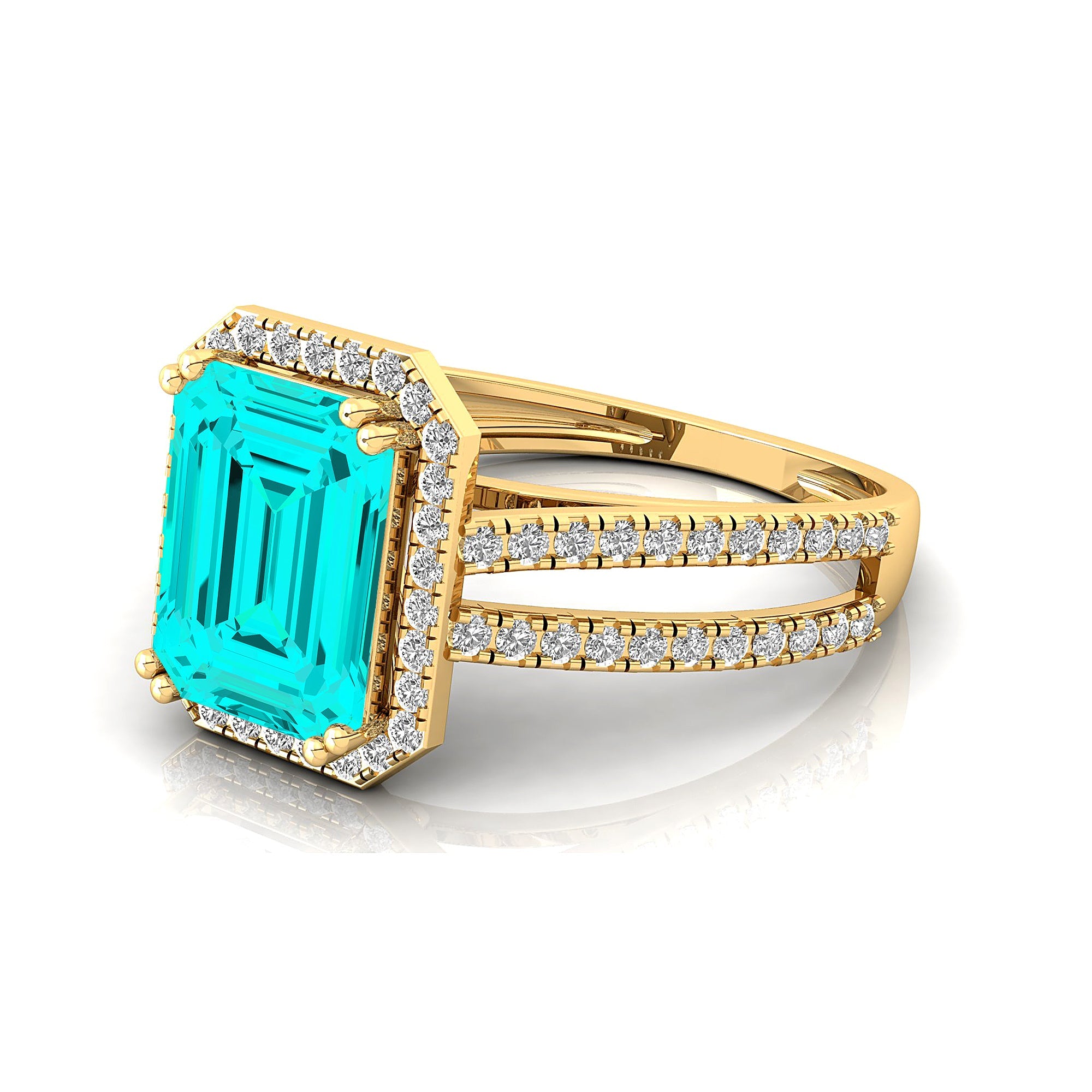 Halo Set Emerald Shaped Paraiba Tourmaline Split Shank Ring with Accent Diamonds - GeumJewels