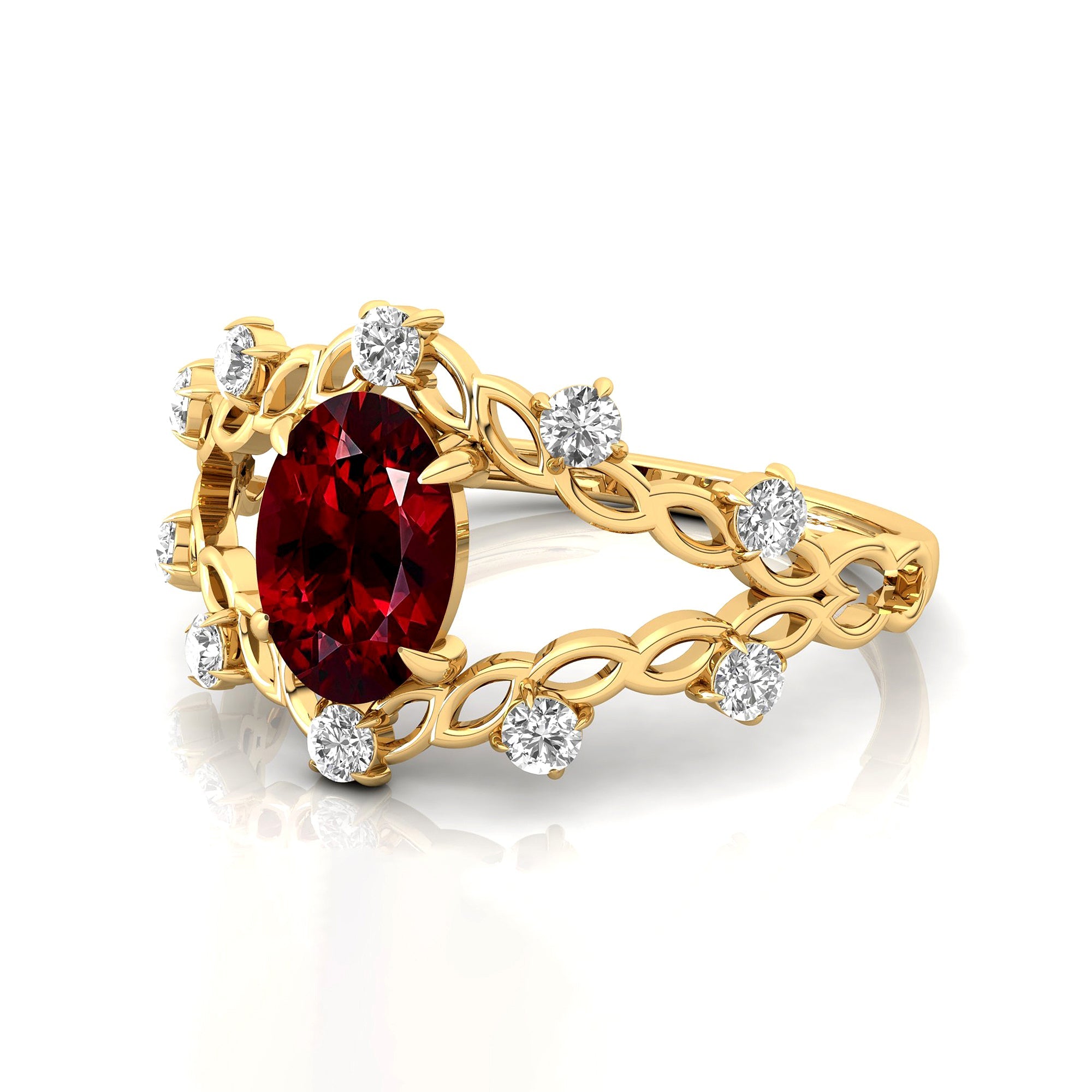 Flower Inspired Ring with Oval Shaped Garnet and Accent Diamonds - GeumJewels