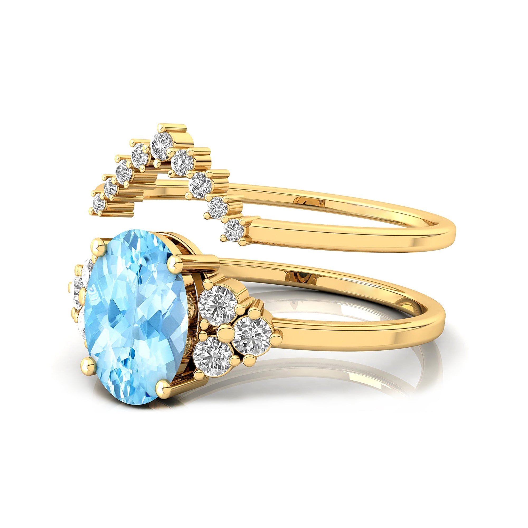 Aquamarine Solitaire Ring With Stackable Diamond Band - GeumJewels