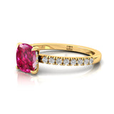Pink Sapphire Square Cushion Under Halo Diamonds Thin Ring with Diamond Band - GeumJewels
