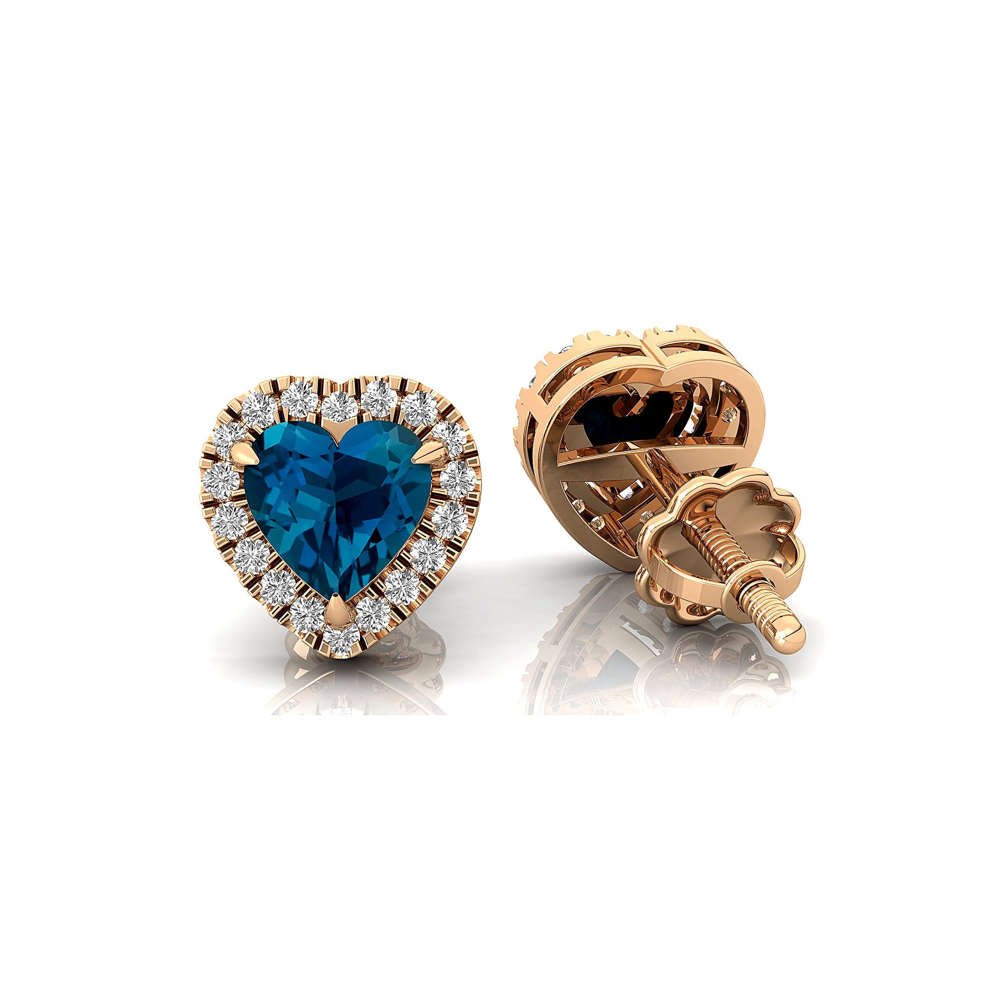 Heart Shaped London Blue Topaz Halo Diamond Stud Earrings - GeumJewels