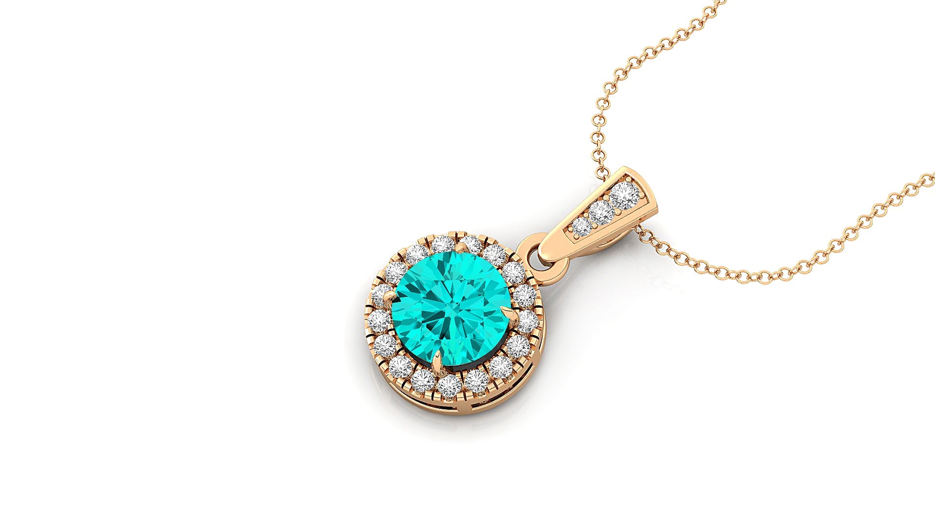 Dainty Round Solitaire Halo Diamond Paraiba Tourmaline Pendant - GeumJewels