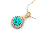 Dainty Round Solitaire Halo Diamond Paraiba Tourmaline Pendant - GeumJewels