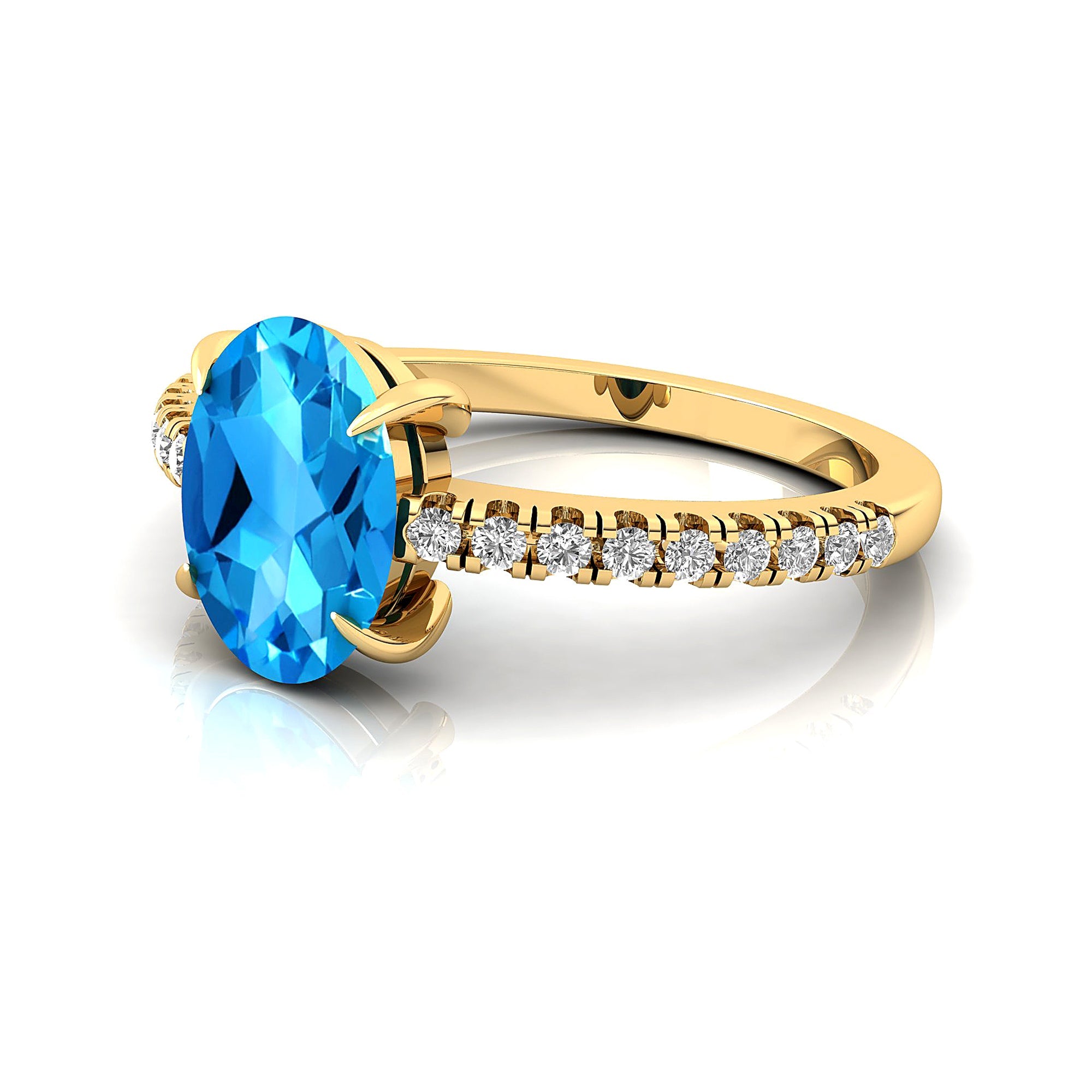Oval Solitaire Swiss Blue Topaz with Accent Diamonds Engagement Ring - GeumJewels