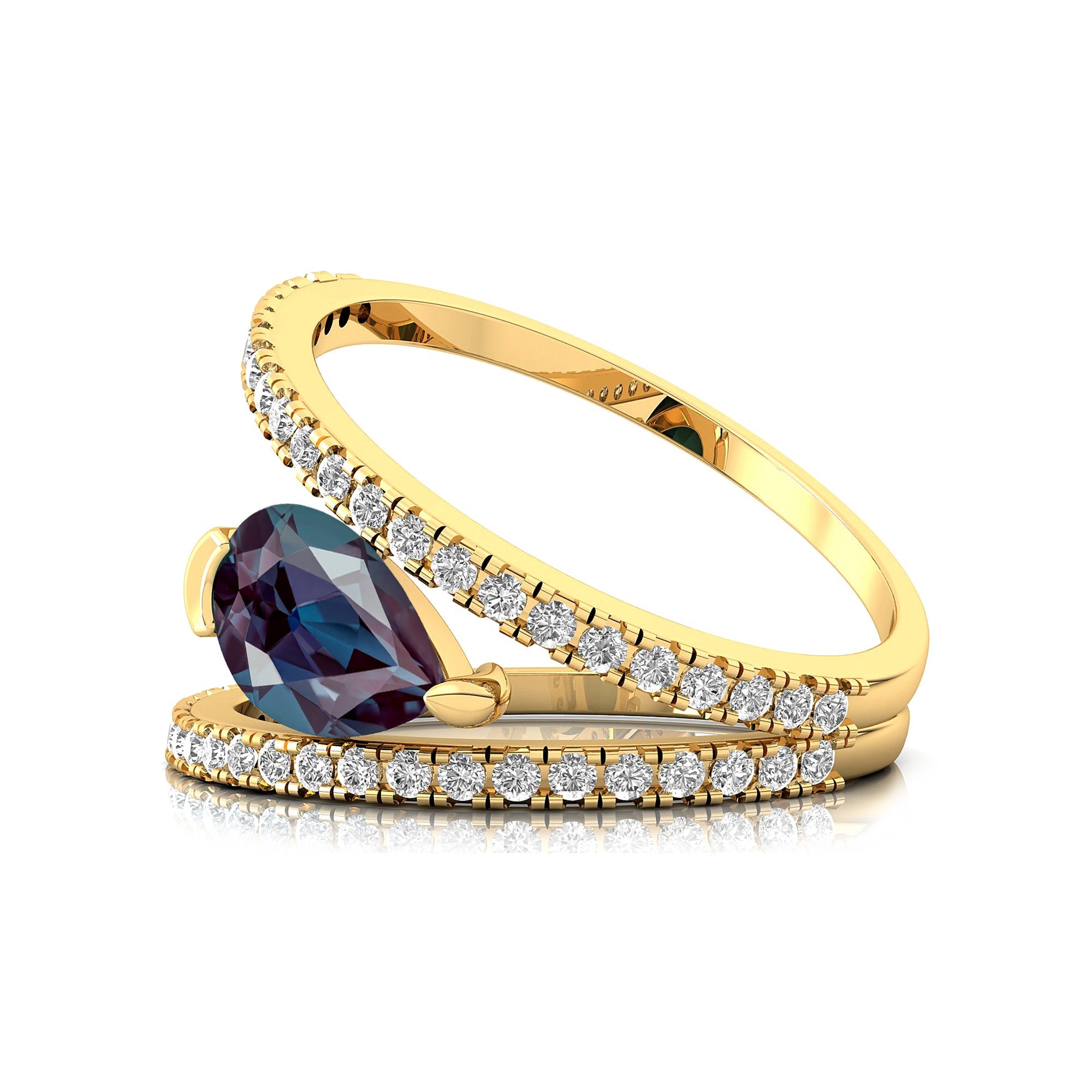 Fashionable V Shaped Diamond Ring with Pear Cut Alexandrite - GeumJewels