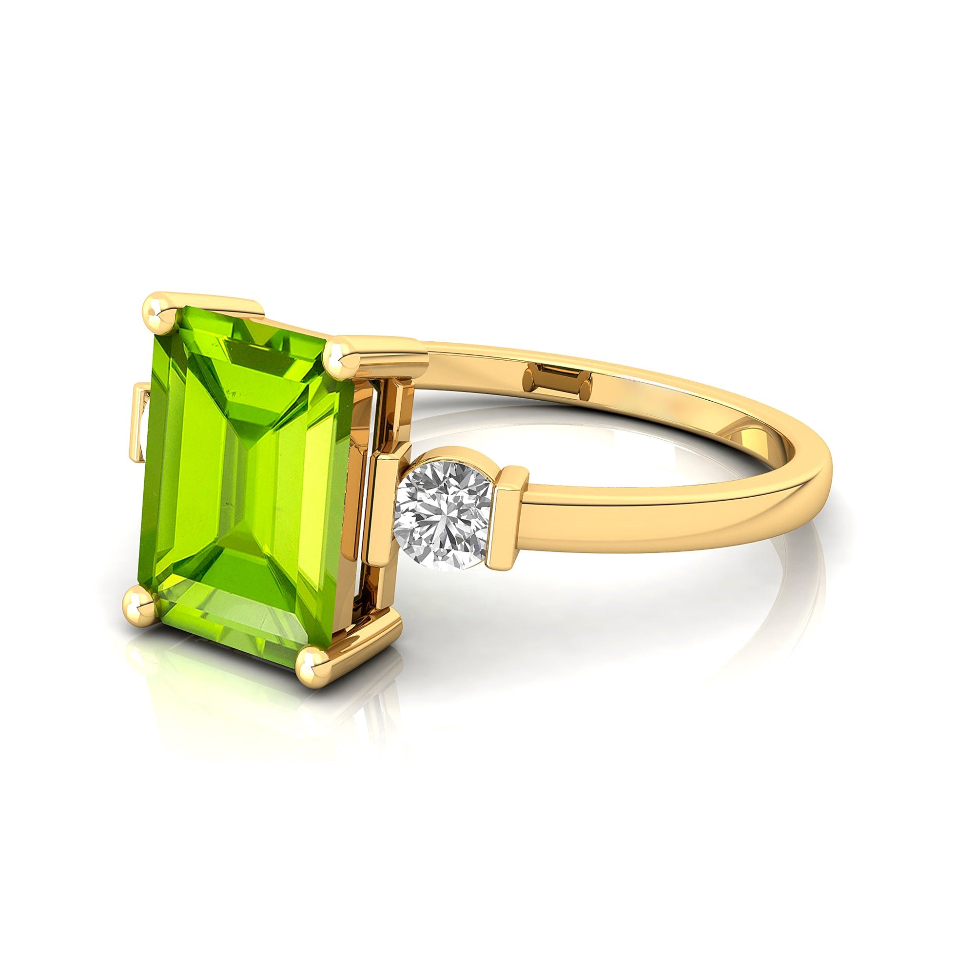 Emerald Cut Peridot and Diamond Three Stone Ring - GeumJewels