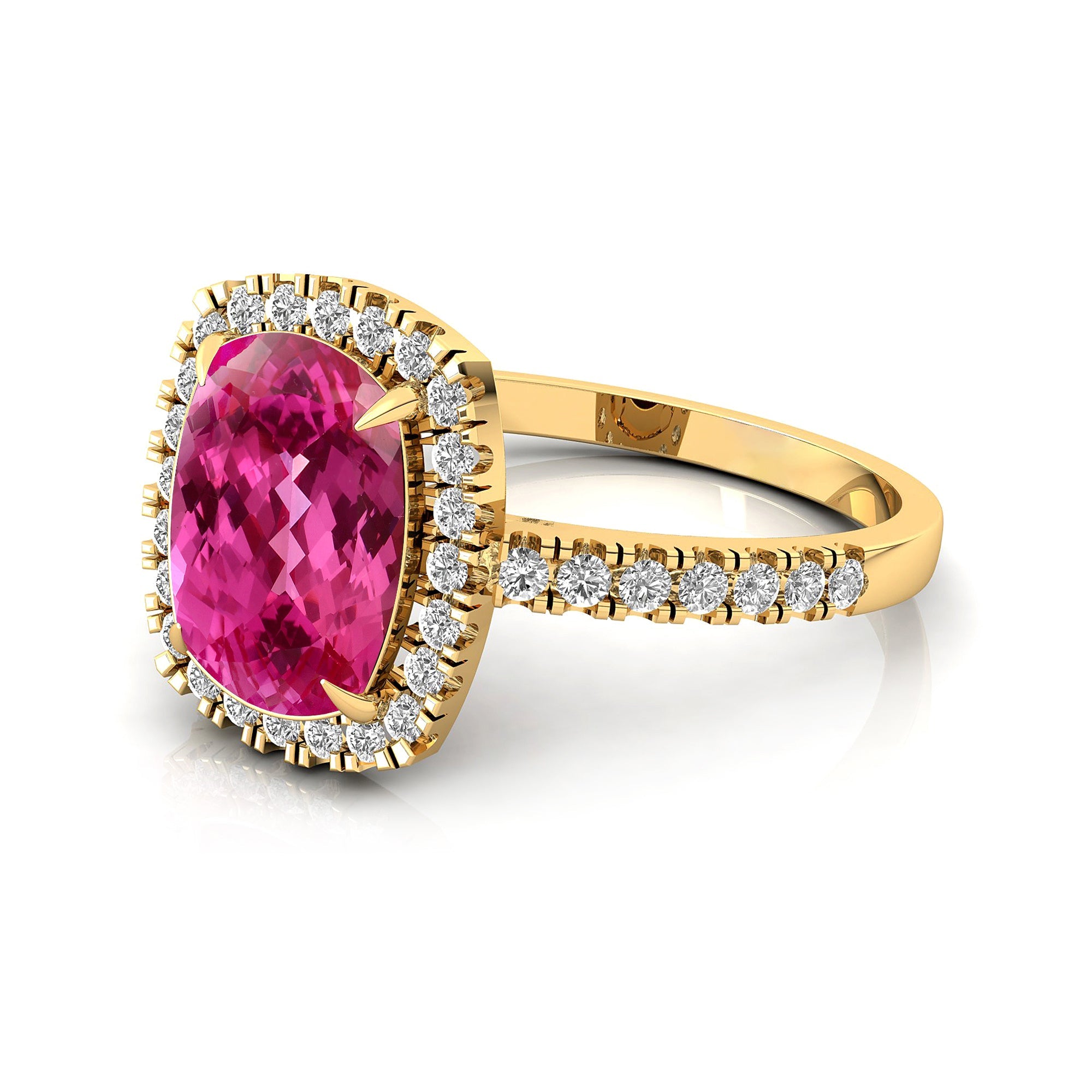 Elongated Cushion Halo Set Pink Sapphire Engagement Ring with Diamond Band - GeumJewels