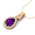 Classic Teardrop Shaped Amethyst Halo Diamond Dangle Pendant - GeumJewels