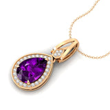 Classic Teardrop Shaped Amethyst Halo Diamond Dangle Pendant - GeumJewels