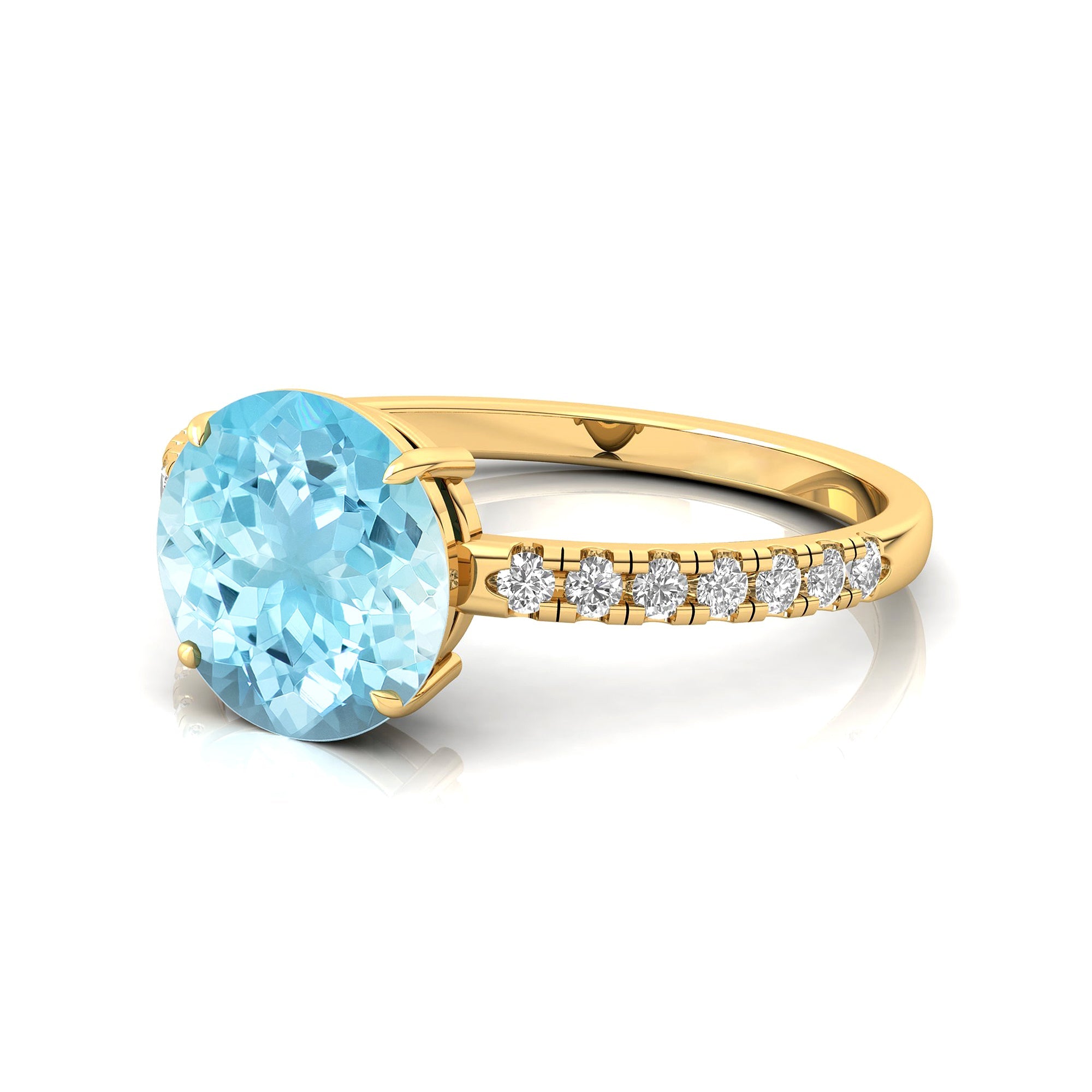 Classic Six Prong Round Solitaire Aquamarine Ring with Accent Diamond Band - GeumJewels