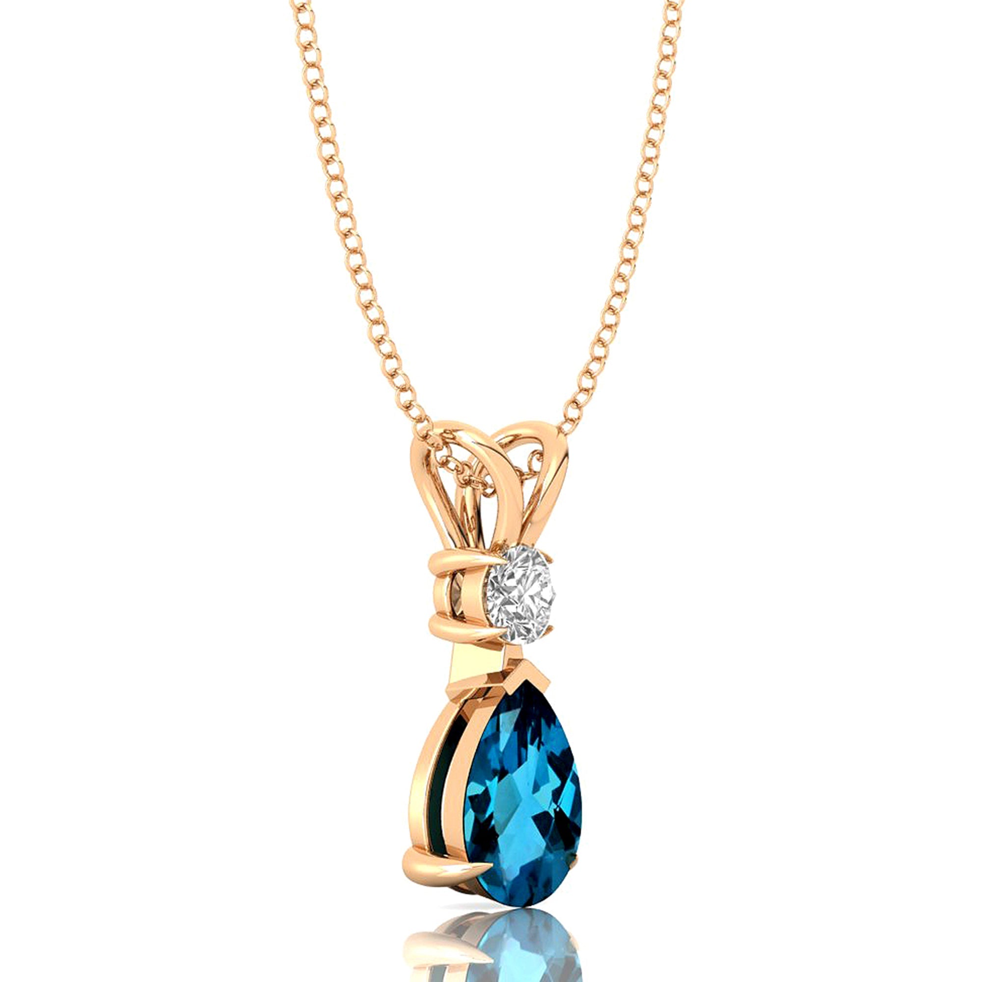 London Blue Topaz Teardrop Pendant with Solitaire Diamond - GeumJewels