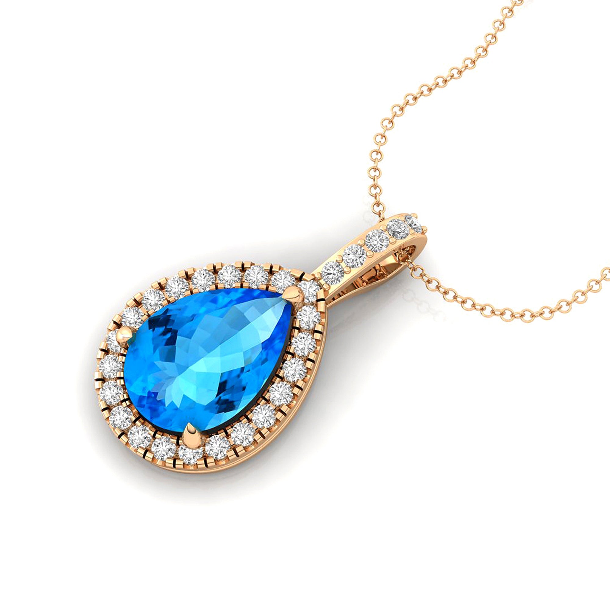 Swiss Blue Topaz Teardrop Pendant with Diamond Halo - GeumJewels
