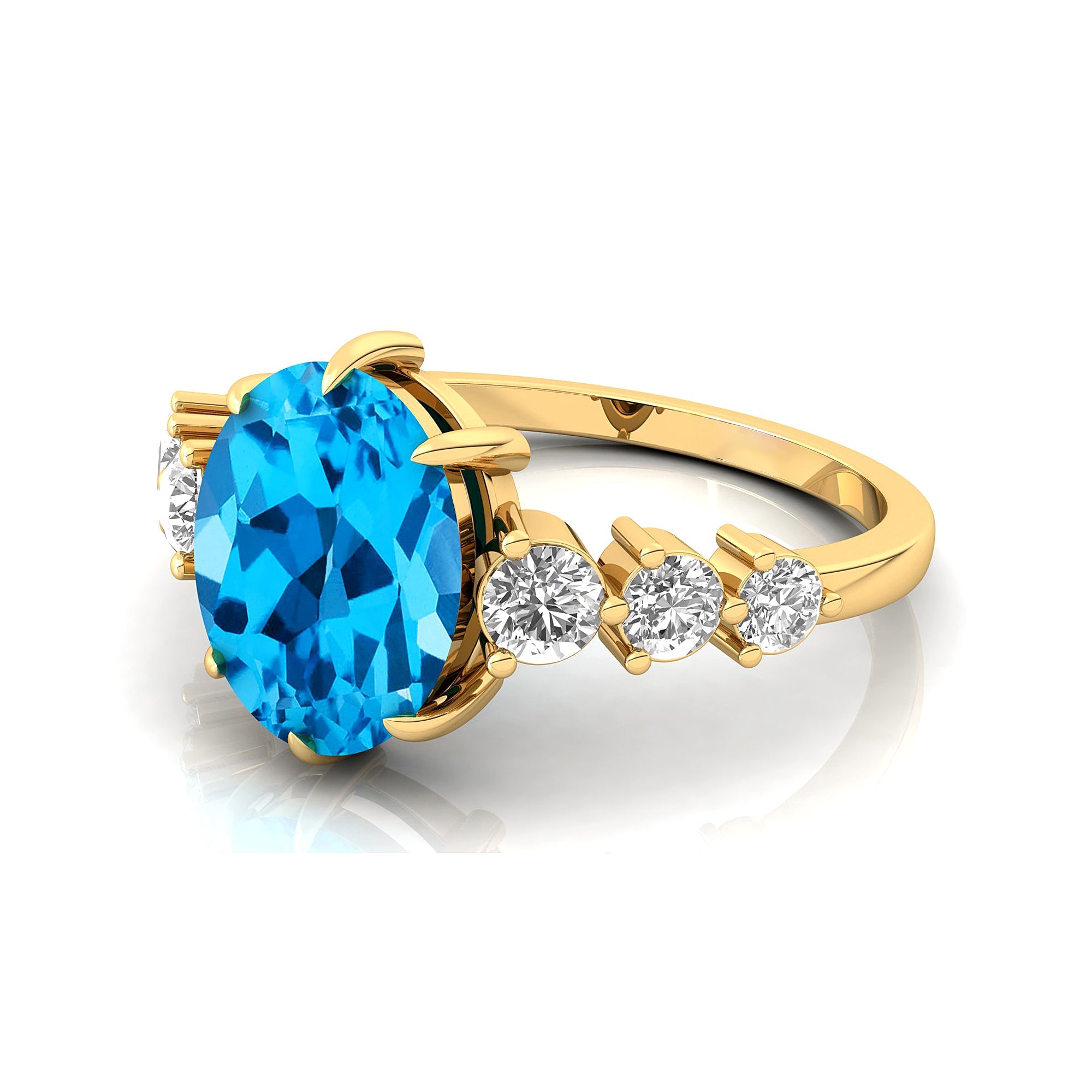 Oval Cut Swiss Blue Topaz with Graduated Diamonds Ring - GeumJewels