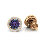 Round Solitaire Alexandrite Halo Diamond Stud Earrings - GeumJewels
