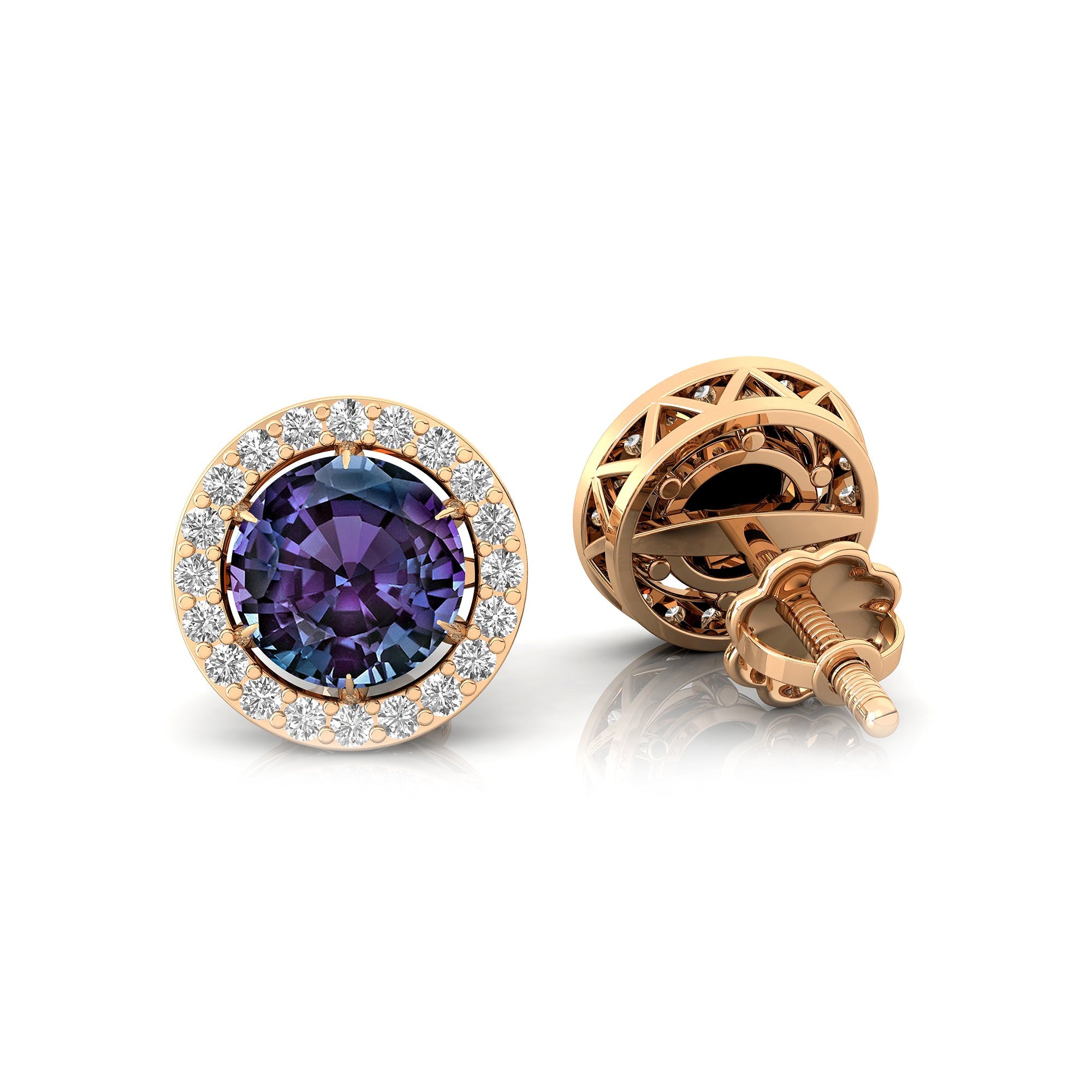 Round Solitaire Alexandrite Halo Diamond Stud Earrings - GeumJewels
