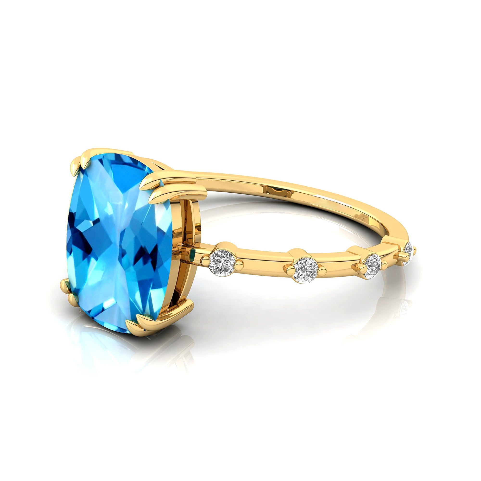 Cushion Cut Swiss Blue Topaz Engagement Ring with Distant Diamond Band - GeumJewels