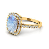 Elongated Cushion Halo Set Moonstone Engagement Ring with Diamond Band - GeumJewels