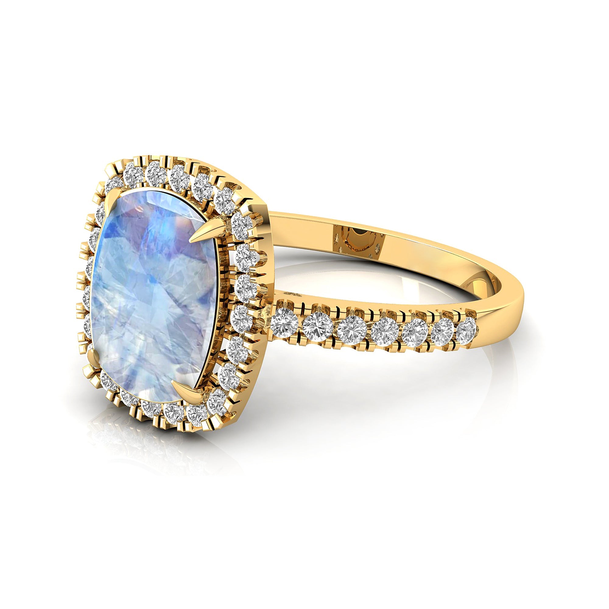 Elongated Cushion Halo Set Moonstone Engagement Ring with Diamond Band - GeumJewels