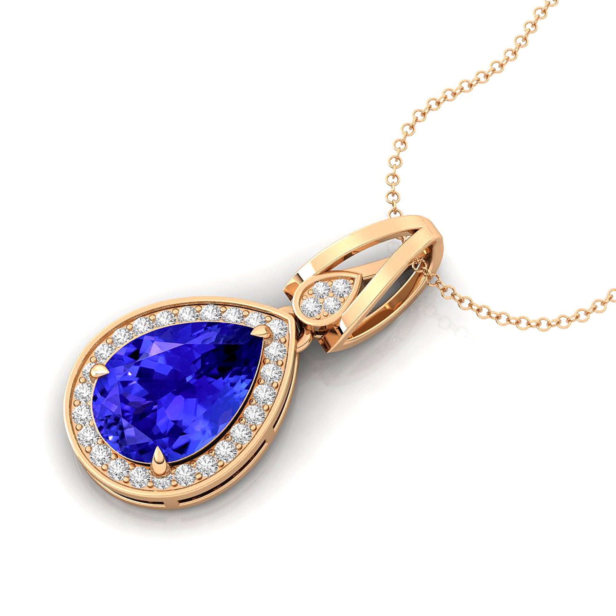 Classic Teardrop Shaped Tanzanite Halo Diamond Dangle Pendant - GeumJewels