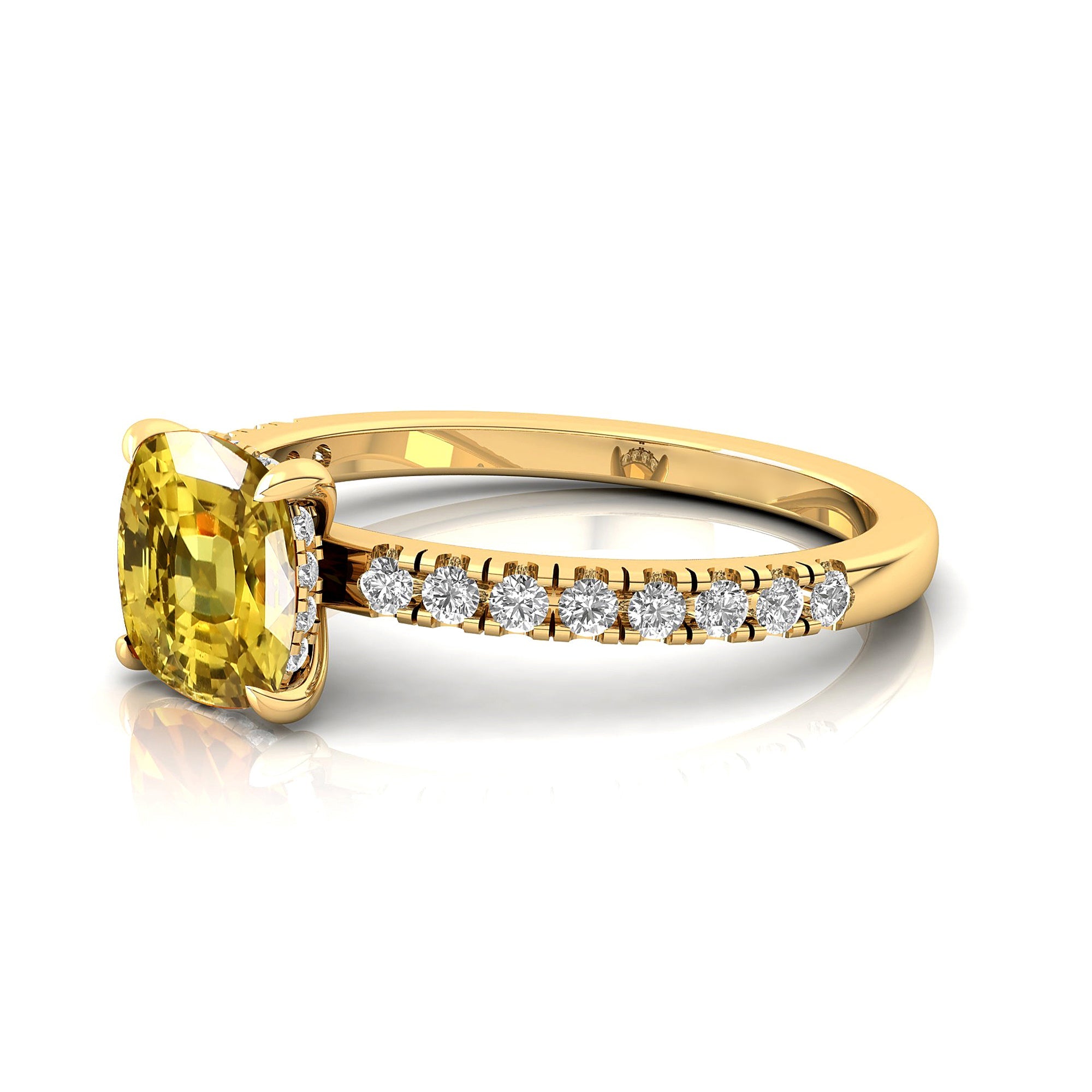 Yellow Sapphire Square Cushion Under Halo Diamonds Thin Ring with Diamond Band - GeumJewels