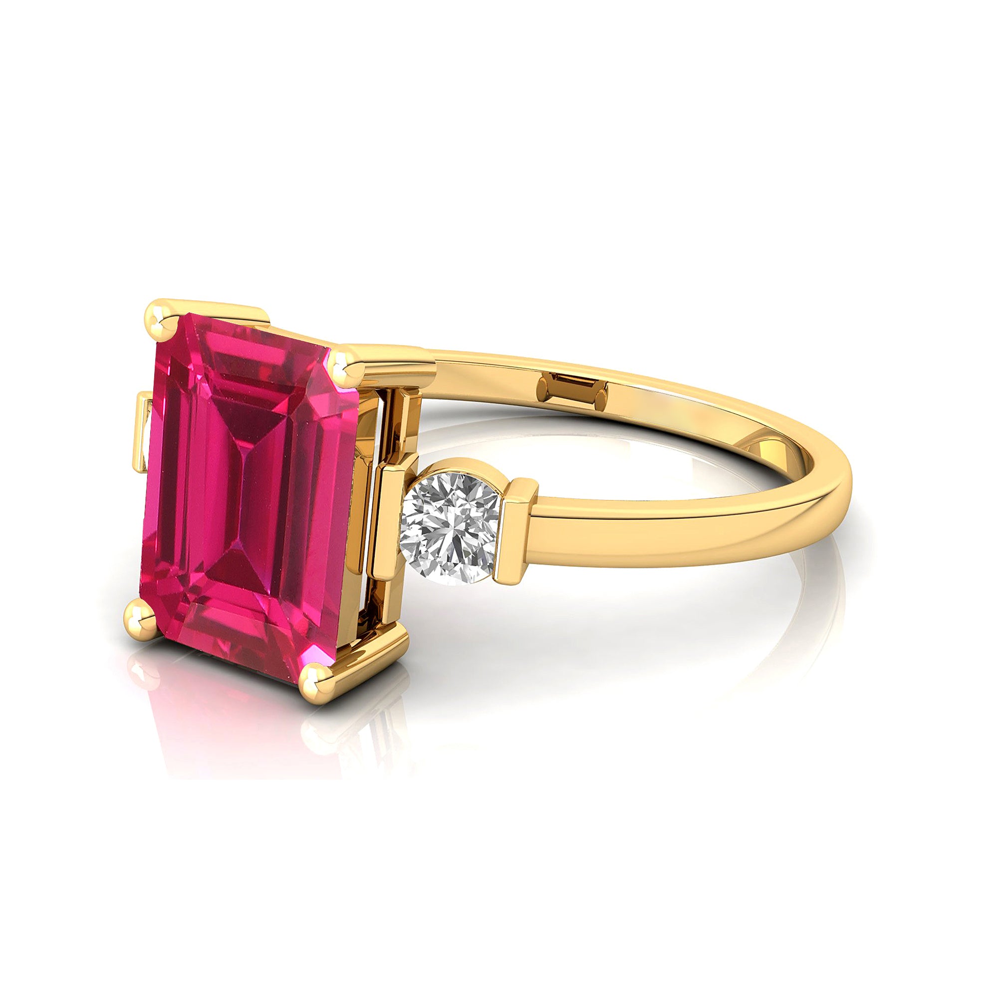 Emerald Cut Pink Sapphire and Diamond Three Stone Ring - GeumJewels