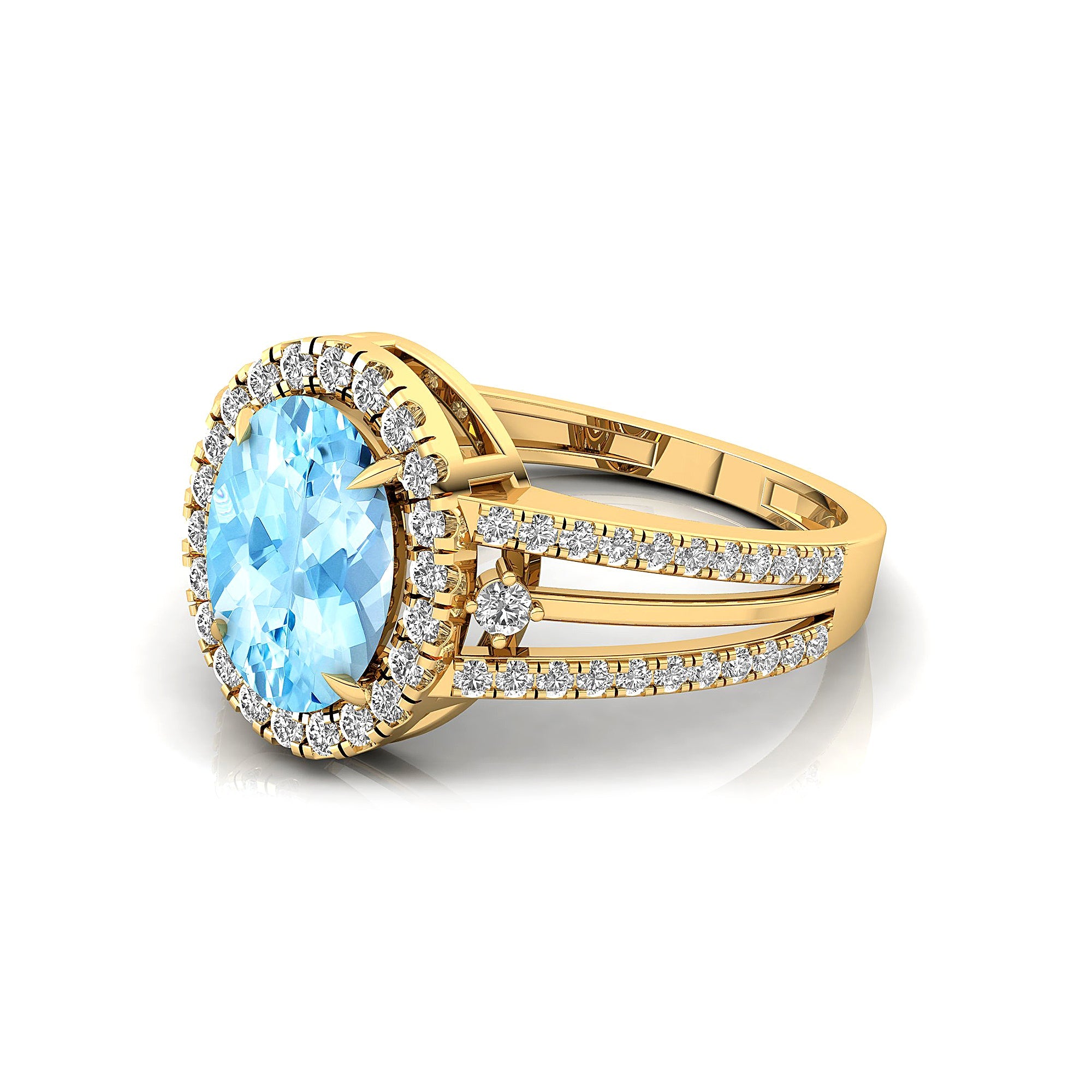 Solitaire Oval Aquamarine Split Shank Diamond Engagement Ring - GeumJewels