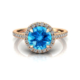 Classic Round Halo Diamonds with Solitaire Swiss Blue Topaz Engagement Ring - GeumJewels