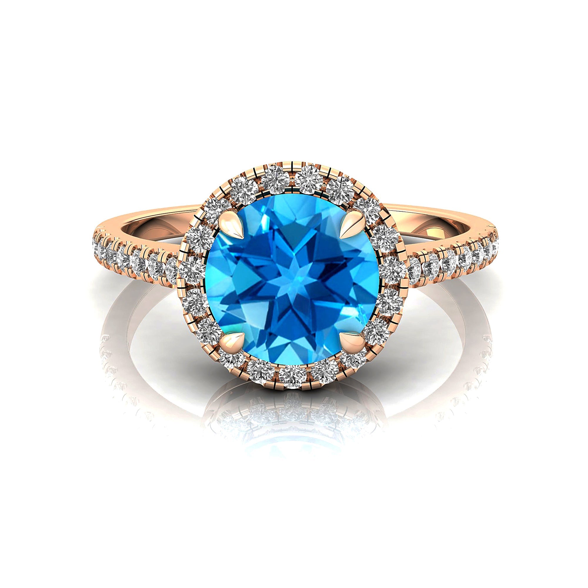 Classic Round Halo Diamonds with Solitaire Swiss Blue Topaz Engagement Ring - GeumJewels