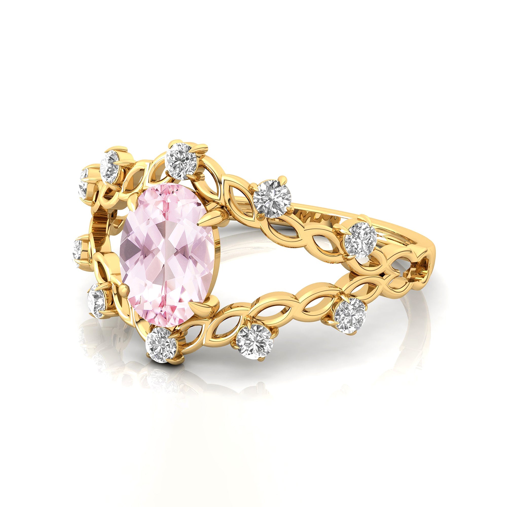 Flower Inspired Ring with Oval Shaped Morganite and Accent Diamonds - GeumJewels