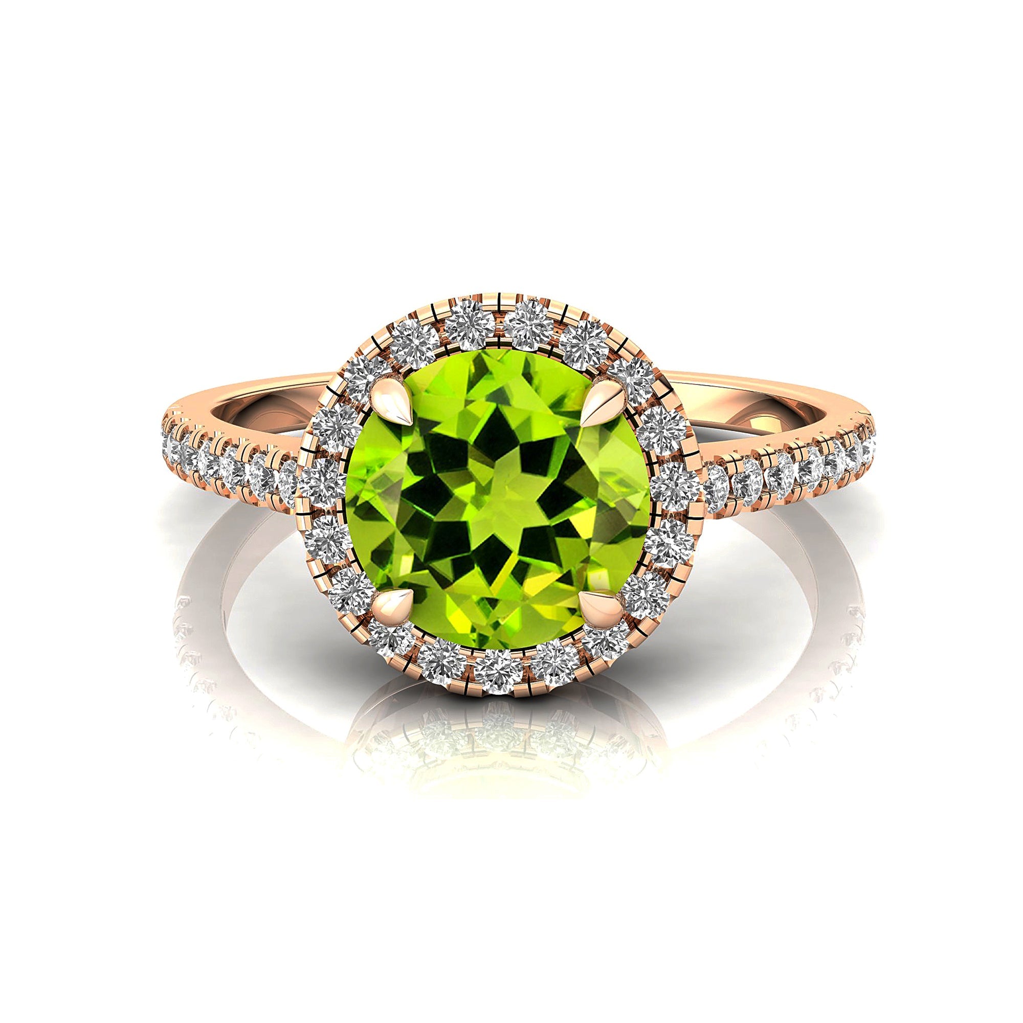 Classic Round Halo Diamonds with Solitaire Peridot Engagement Ring - GeumJewels