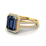 Halo Set Emerald Shaped Alexandrite Split Shank Ring with Accent Diamonds - GeumJewels