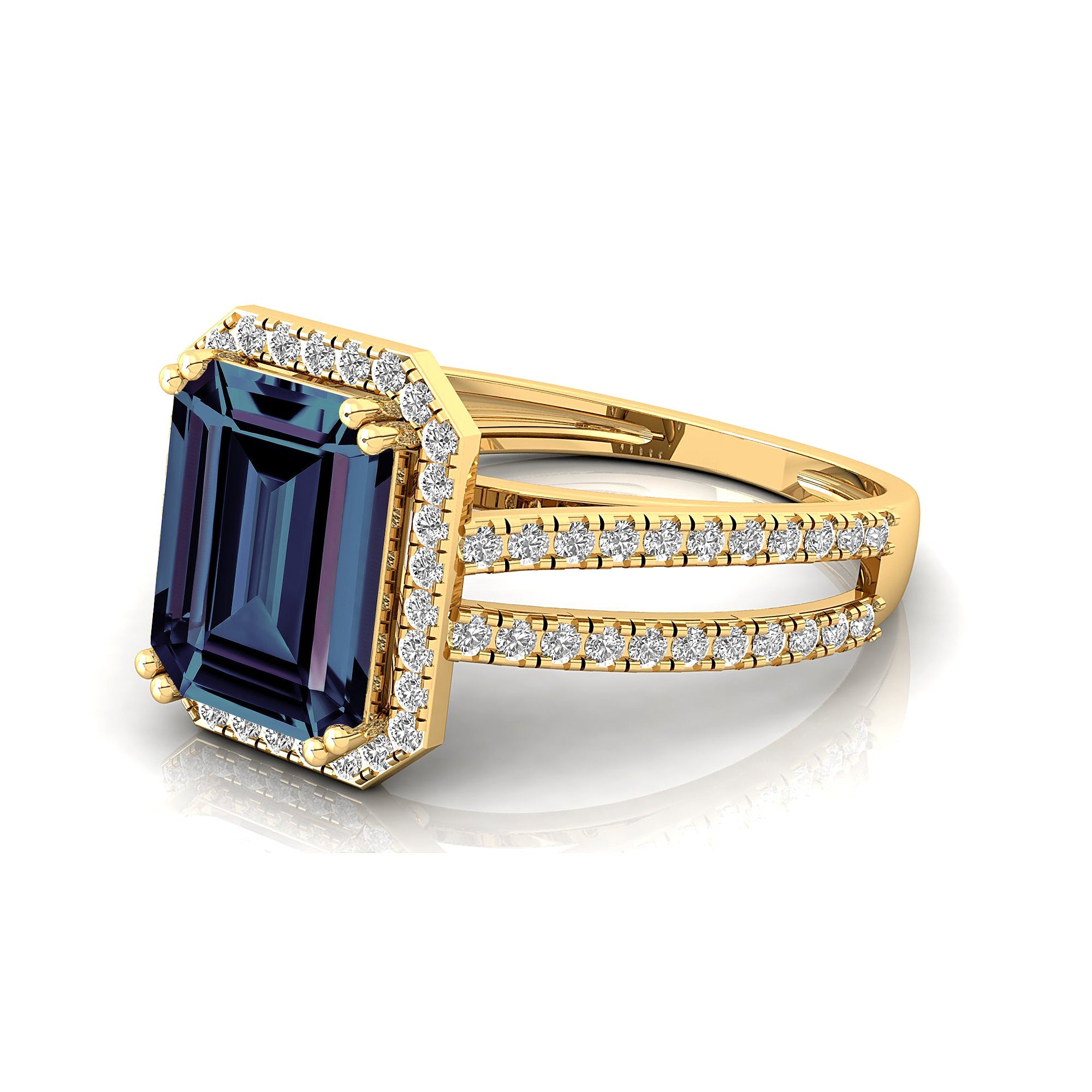 Halo Set Emerald Shaped Alexandrite Split Shank Ring with Accent Diamonds - GeumJewels