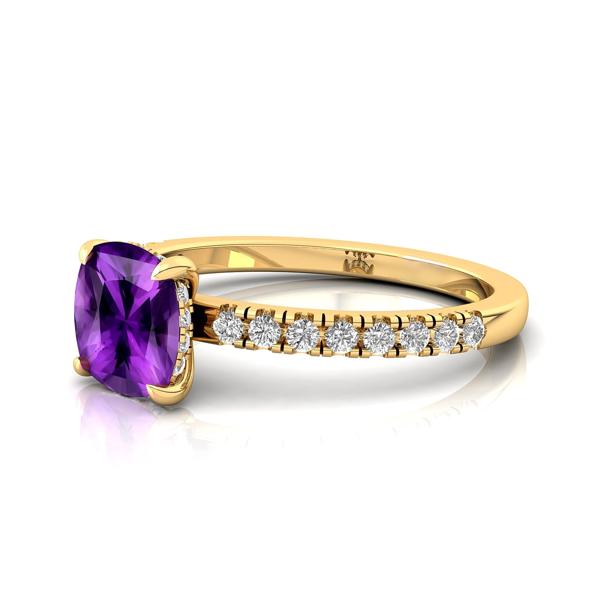 Amethyst Square Cushion Under Halo Diamonds Thin Ring with Diamond Band - GeumJewels