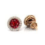 Round Solitaire Garnet Halo Diamond Stud Earrings - GeumJewels
