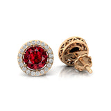 Round Solitaire Garnet Halo Diamond Stud Earrings - GeumJewels