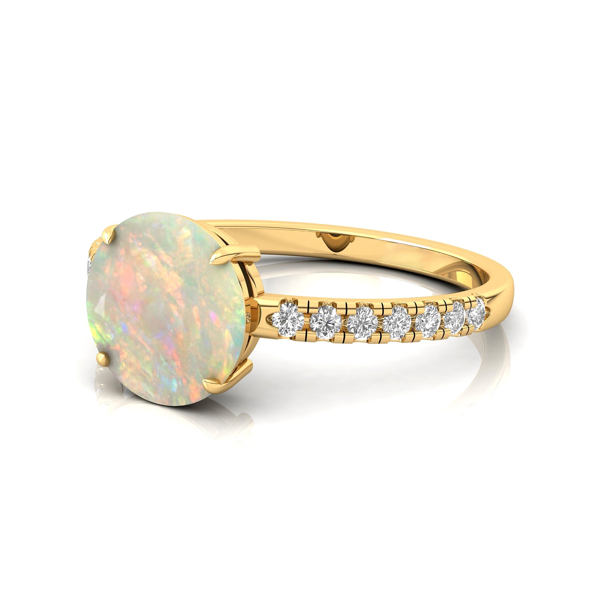 Classic Six Prong Round Solitaire Opal Ring with Accent Diamond Band - GeumJewels