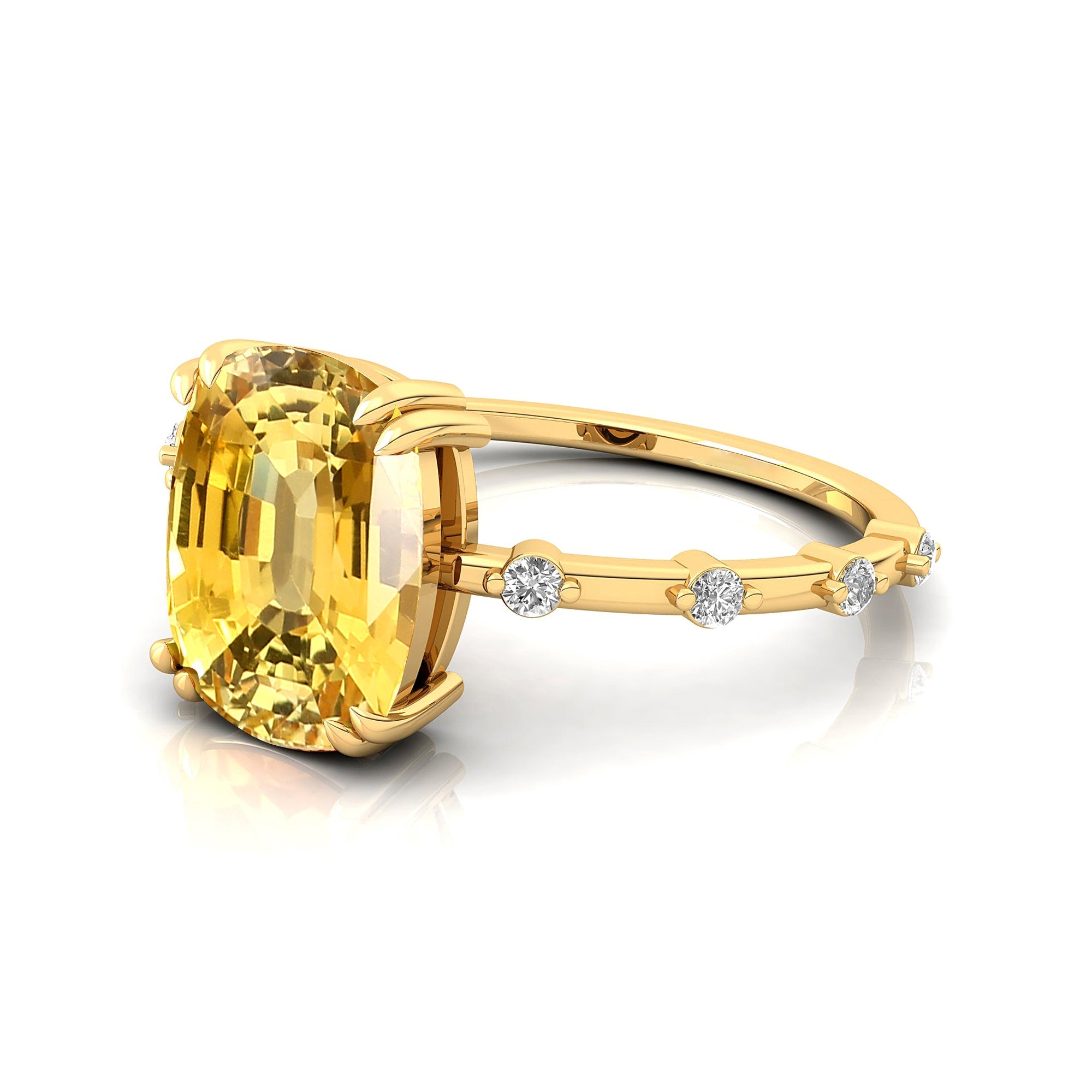 Cushion Cut Yellow Sapphire Engagement Ring with Distant Diamond Band - GeumJewels