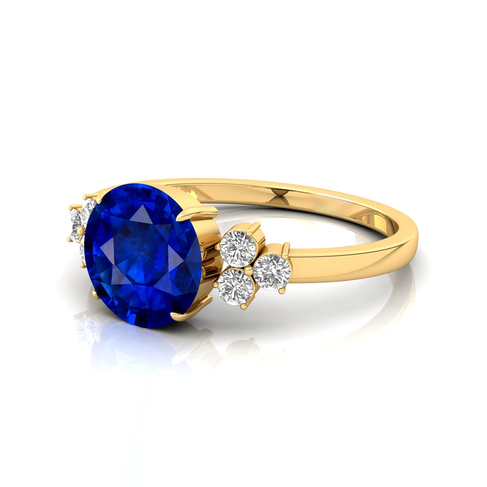 Trio Diamond Engagement Ring with Round Solitaire Blue Sapphire - GeumJewels