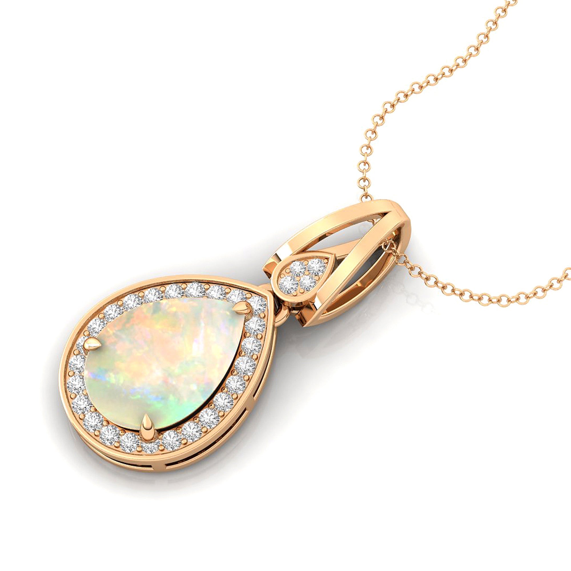 Classic Teardrop Shaped Opal Halo Diamond Dangle Pendant - GeumJewels