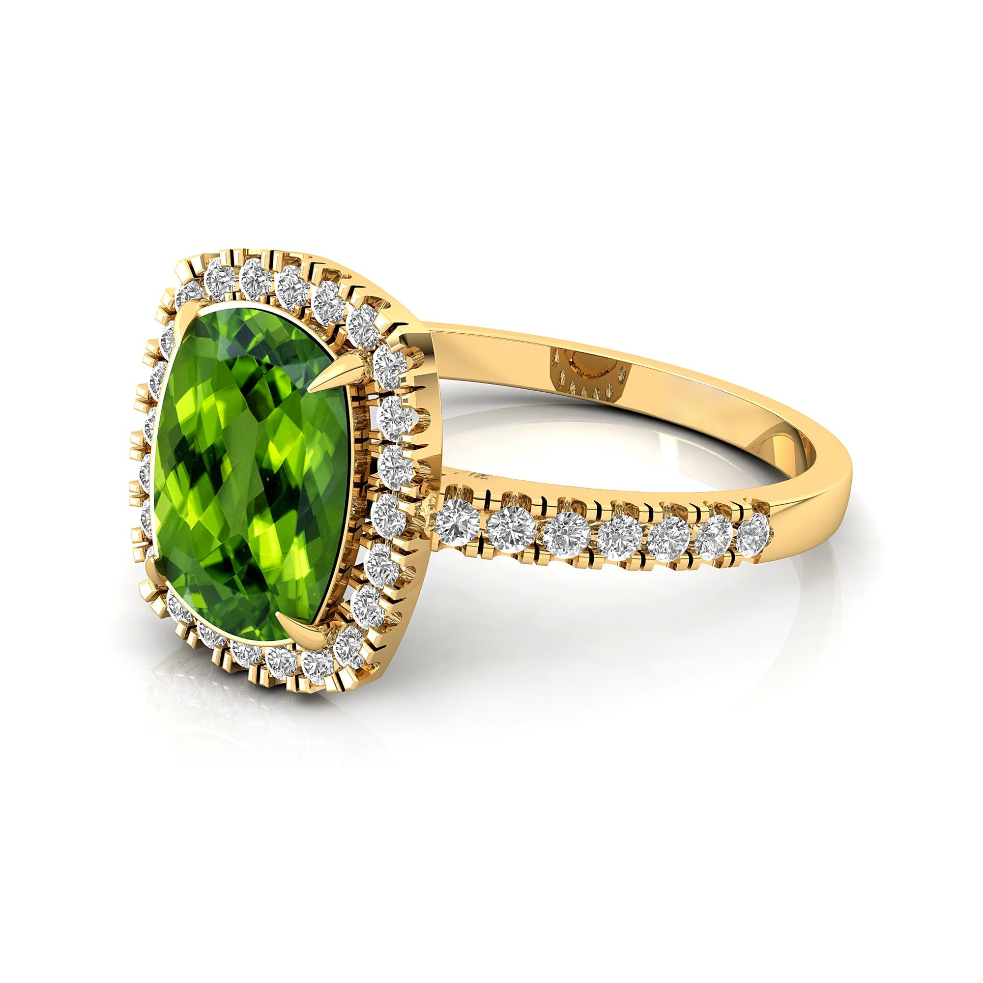 Elongated Cushion Halo Set Peridot Engagement Ring with Diamond Band - GeumJewels