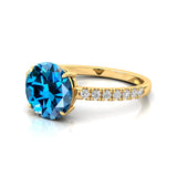 Classic Six Prong Round Solitaire London Blue Topaz Ring with Accent Diamond Band - GeumJewels