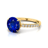 Classic Six Prong Round Solitaire Blue Sapphire Ring with Accent Diamond Band - GeumJewels