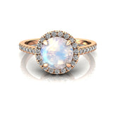 Classic Round Halo Diamonds with Solitaire Moonstone Engagement Ring - GeumJewels