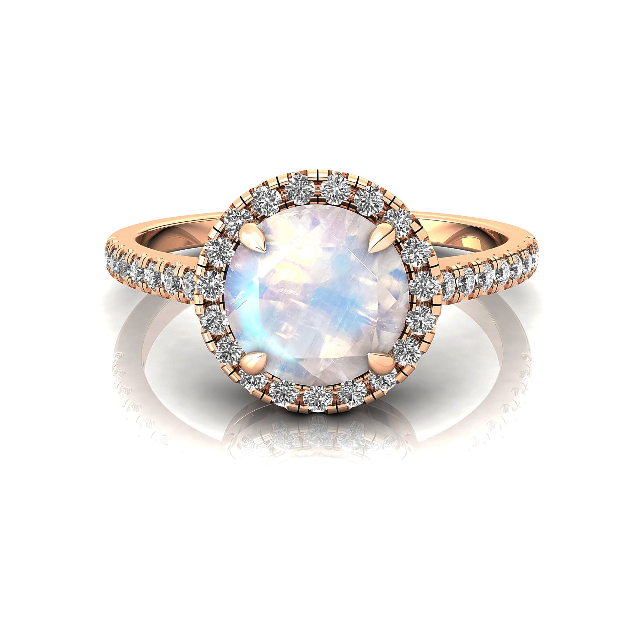 Classic Round Halo Diamonds with Solitaire Moonstone Engagement Ring - GeumJewels