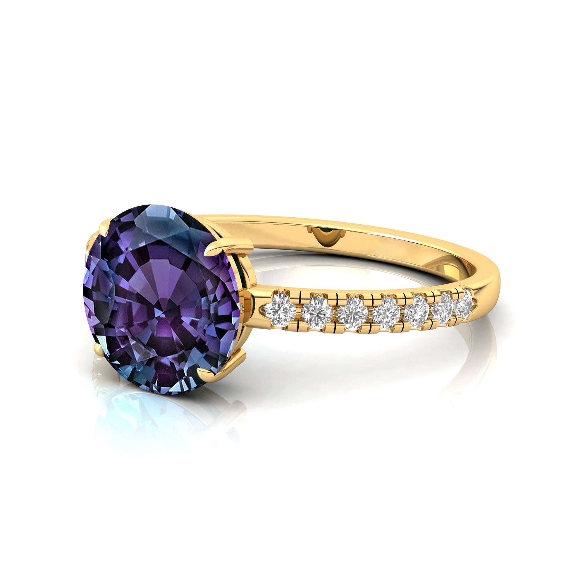 Classic Six Prong Round Solitaire Alexandrite Ring with Accent Diamond Band - GeumJewels